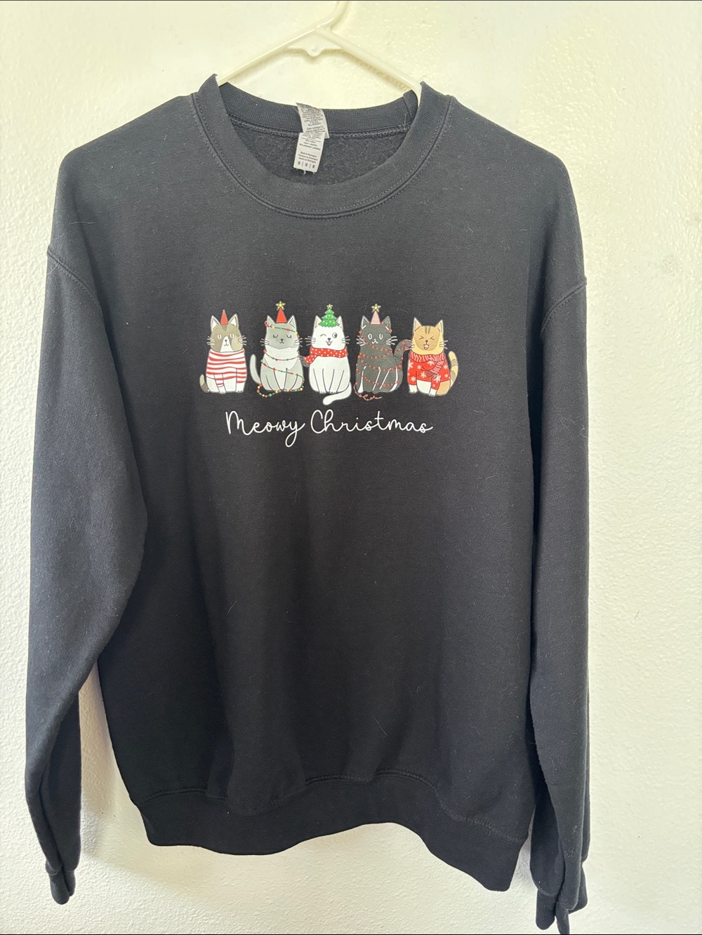 Women's Black Crewneck Sweatshirt with 'Meowy Christmas' Cat Graphic